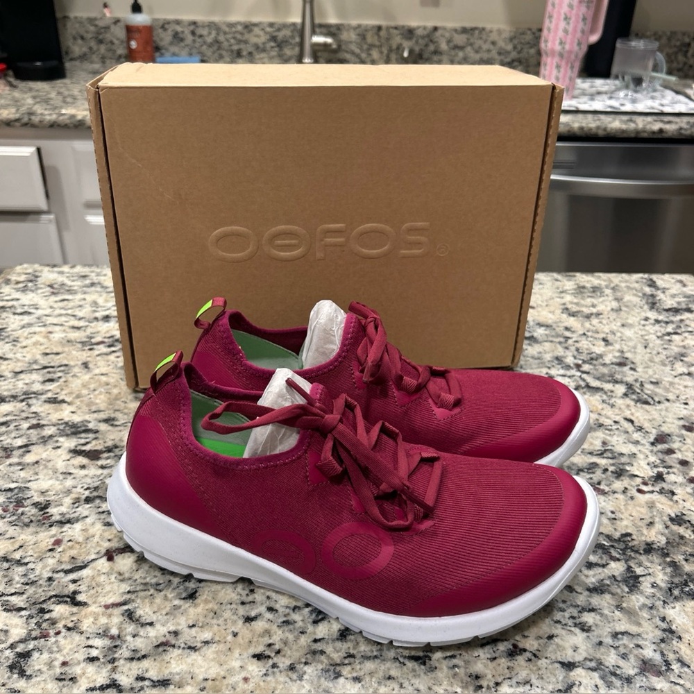 OOFOS Women's Athletic Shoes in Burgundy with White Soles